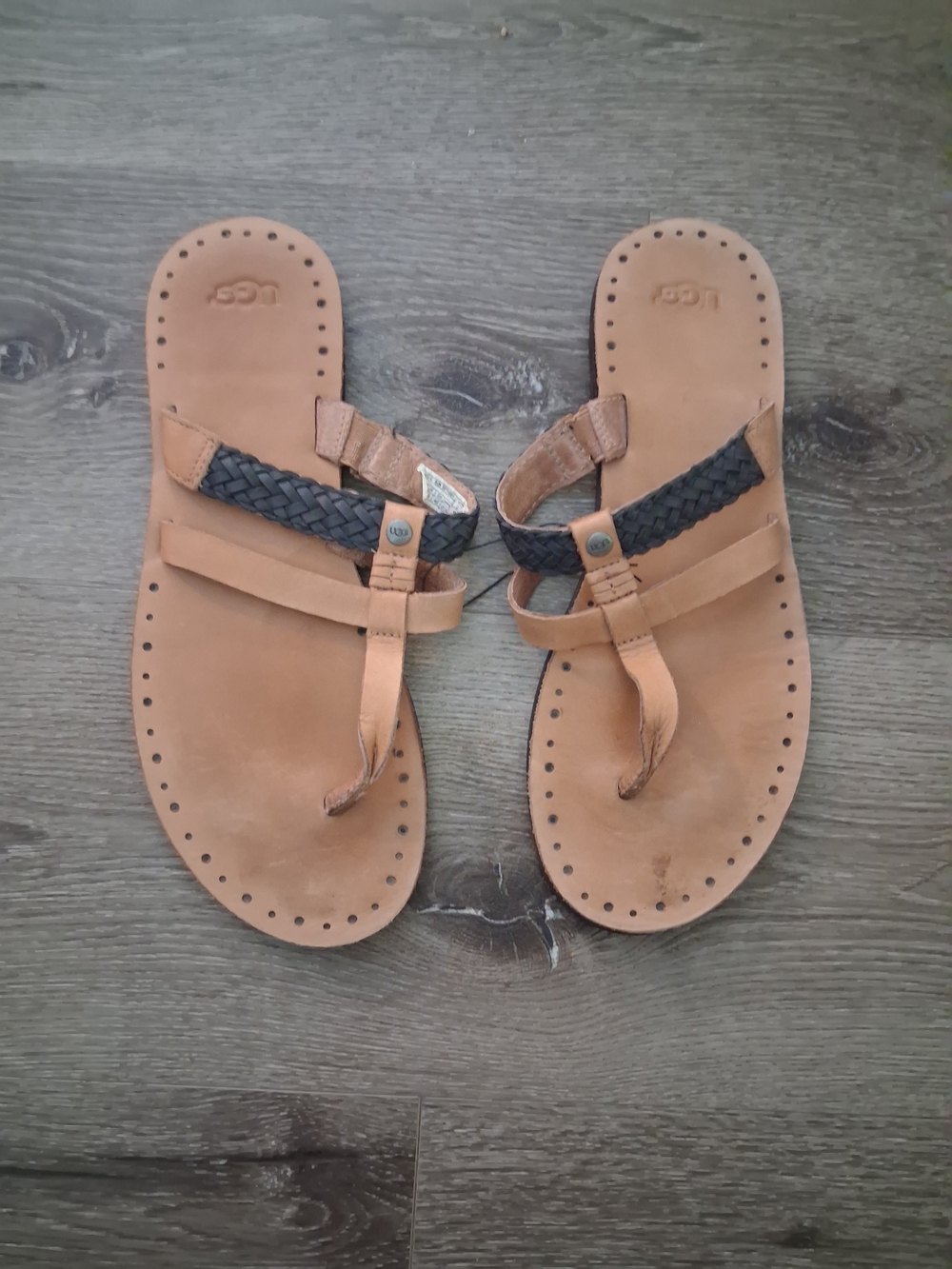 UGG Women's Tan Leather Sandals with Black Braided Strap